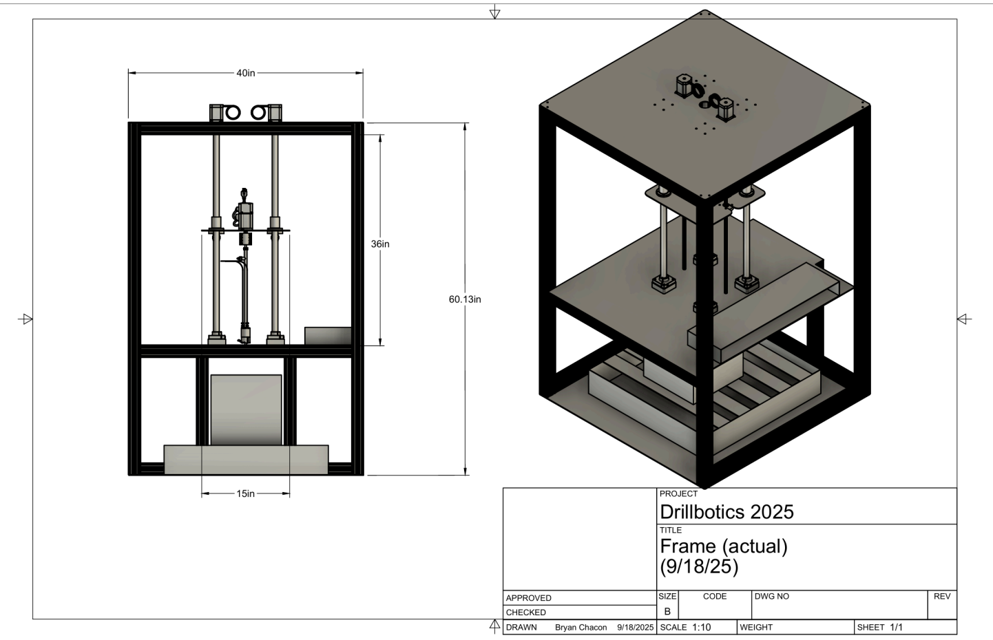 Engineering drawing of the rig frame — dimensioned front elevation and isometric view